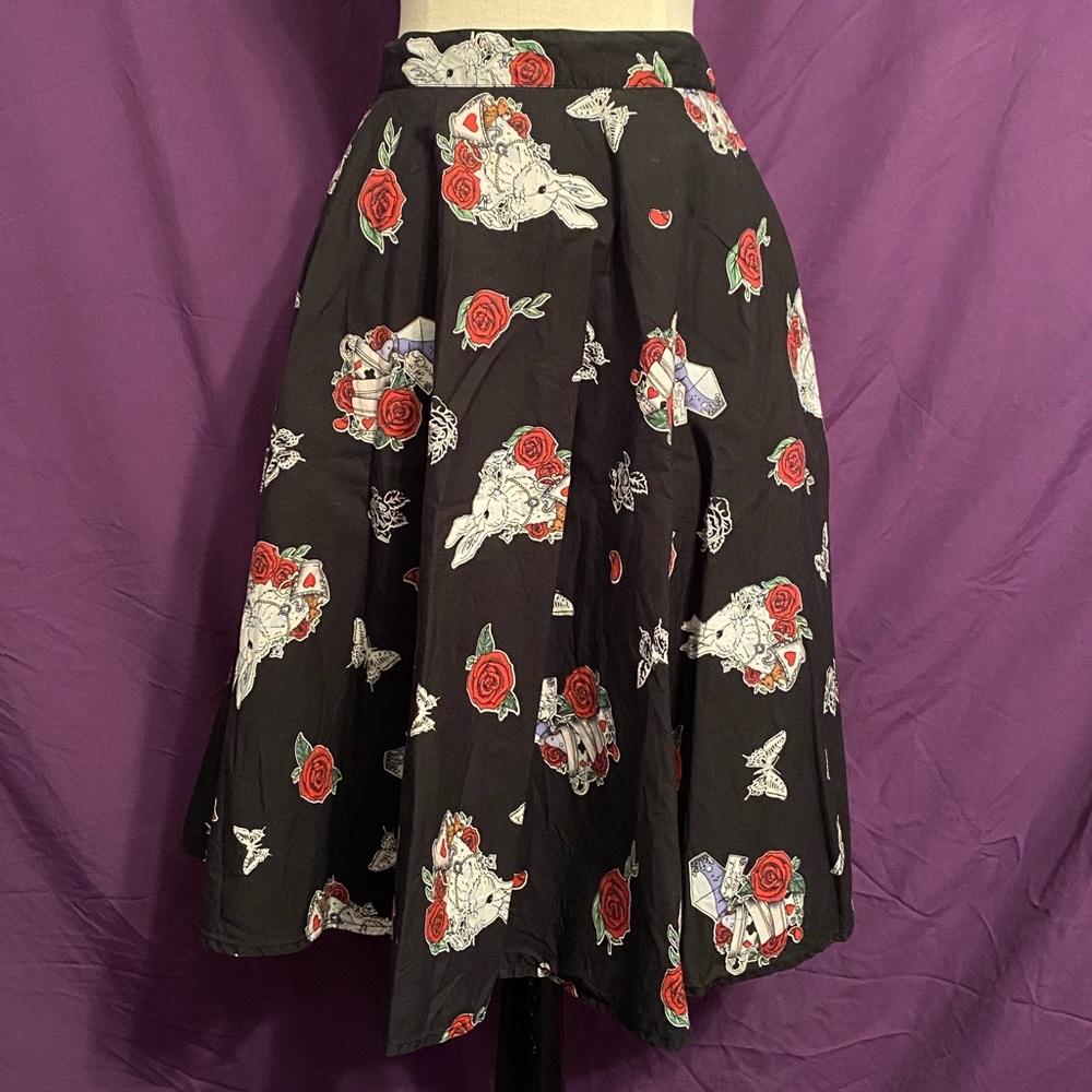 Hell Bunny Black “White Rabbit Tea Party” Retro Pinup Skirt. Size XS.